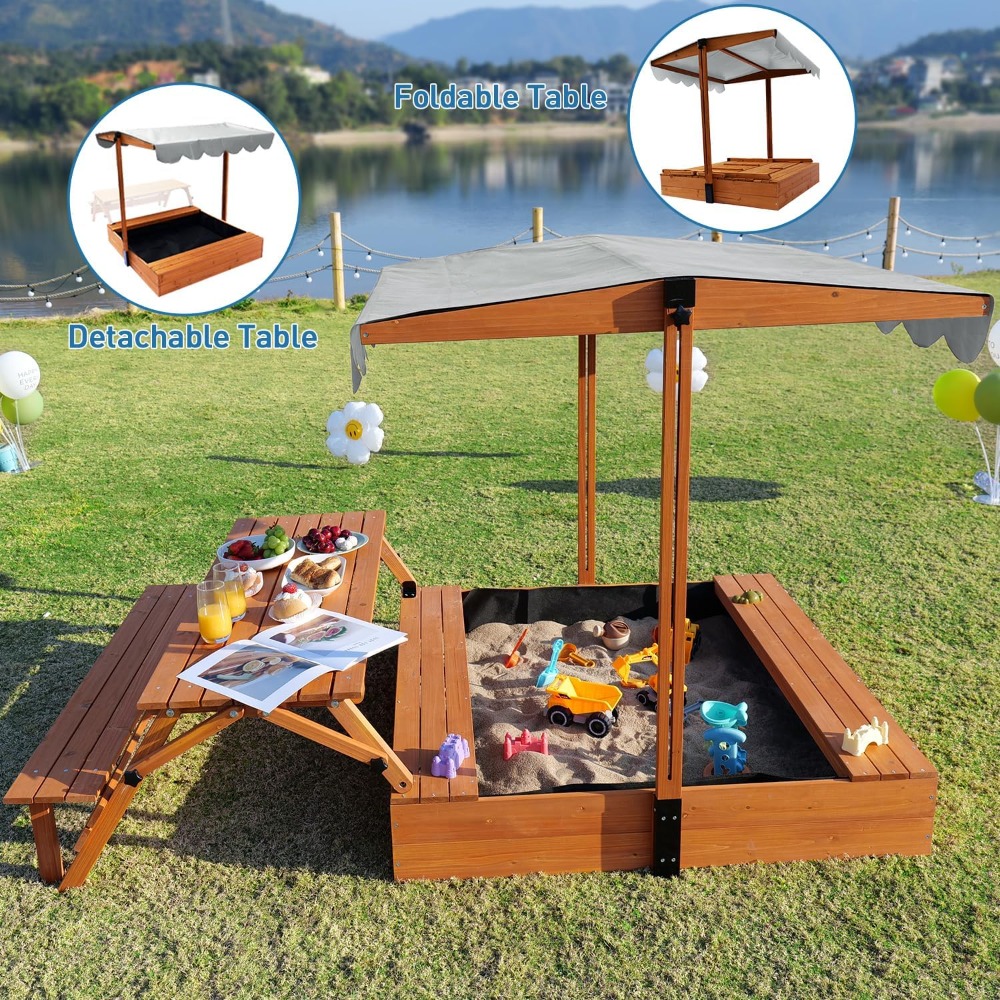 Kids Outdoor Wooden Table - Sandpit with Cover Ages 4-8, Adjustable