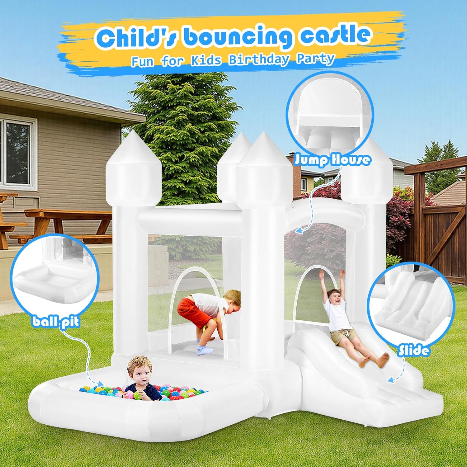 Kids White Bounce House with B - Kids Outdoor Jumping review and price
