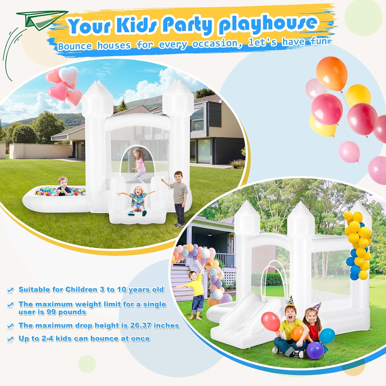 Kids White Bounce House with B - Kids Outdoor Jumping review and price