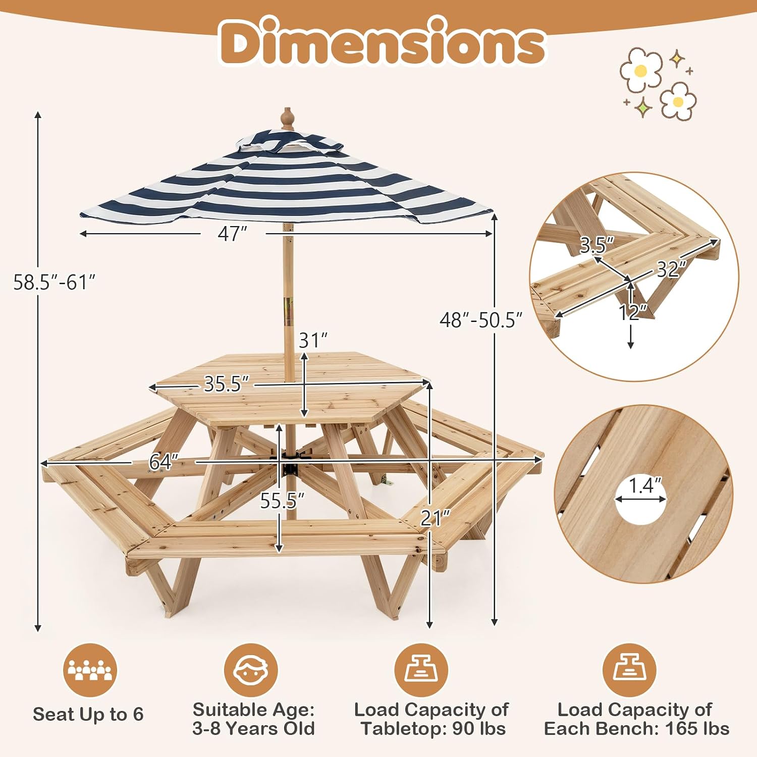 Kids Picnic Table, Hexagonal T - Kids Outdoor Wooden Table review and price